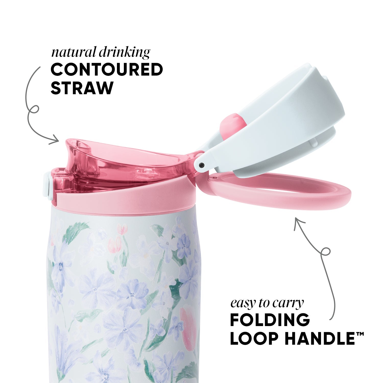 Simple Modern 24-ounce water bottle with pale lavender base and pink lid, featuring watercolor floral design. Lid is open showing contoured straw and pink folding loop handle against white background.