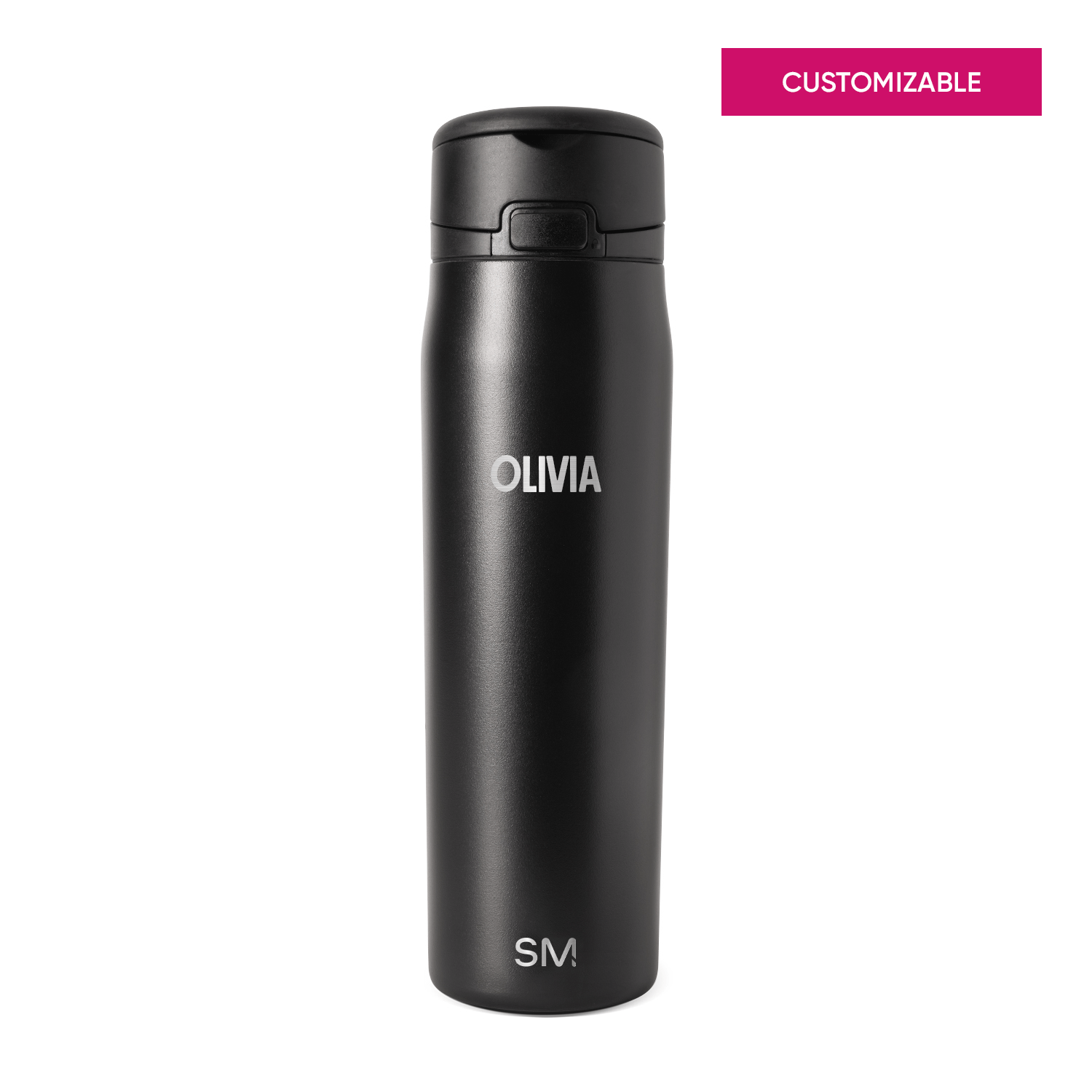 Matte black drinkware customizer with white SM logo and text, featuring vibrant magenta accent details