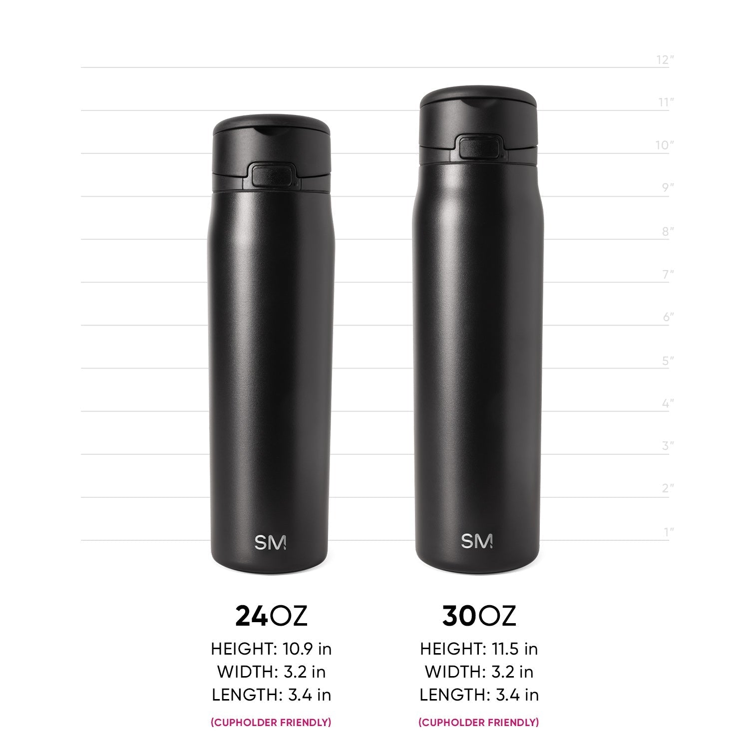 Two matte black cylindrical drinkware vessels with subtle metallic sheen and light reflections on surfaces, shown for product measurement reference.
