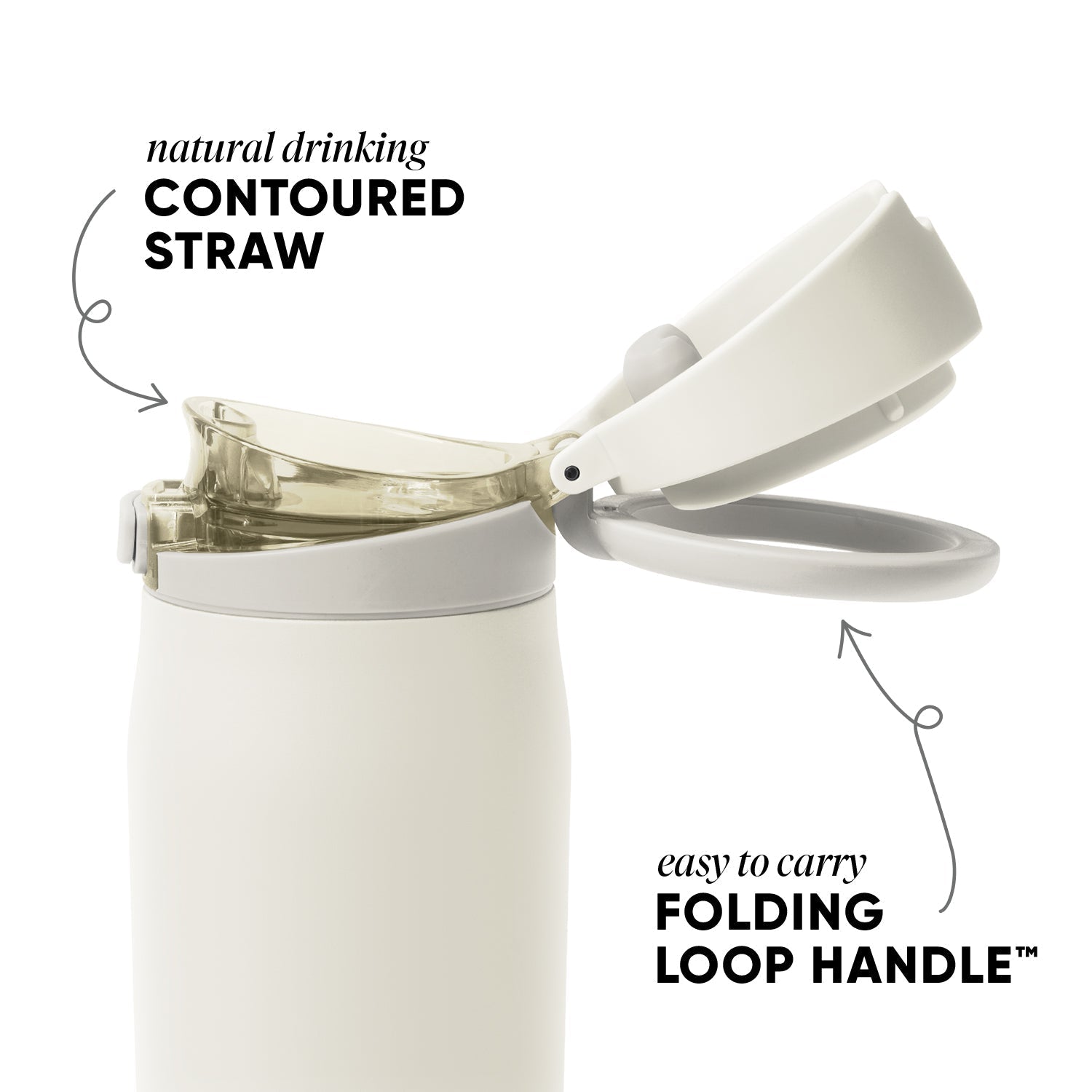 Pale cream-colored beverage container with white and translucent tan lid components on a soft neutral background